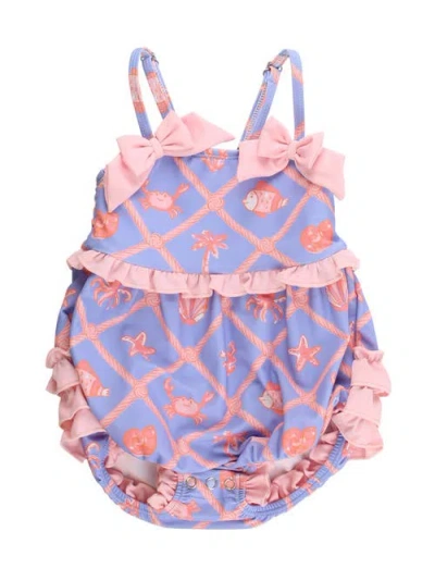 Rufflebutts Babies'  Upf50+ One Piece Bow Bubble Romper Swimsuit In Blue