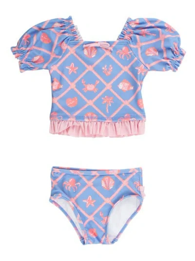 Rufflebutts Kids'  Upf50+ Puff Sleeve Ruffle Tankini 2-piece Swimsuit In Blue