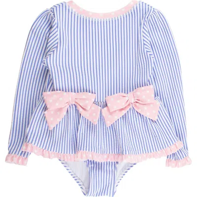 Rufflebutts Babies'  Upf50+ Seersucker Long Sleeve One Piece Bow Peplum Rash Guard Swimsuit In Blue