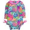 Rufflebutts Upf50+ Sun Protected Neon Long Sleeve One Piece Rash Guard Swimsuit, With Signature Rear In Black
