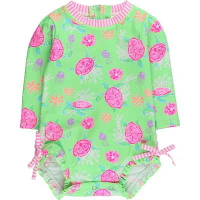 Rufflebutts Babies'  Upf50+ Sun Protected Neon Long Sleeve One Piece Rash Guard Swimsuit, With Signature Rear In Green