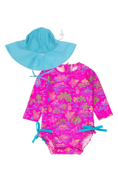 Rufflebutts Babies'  Vibrant Neon Island Time One-piece Rashguard Swimsuit & Hat Set In Pink