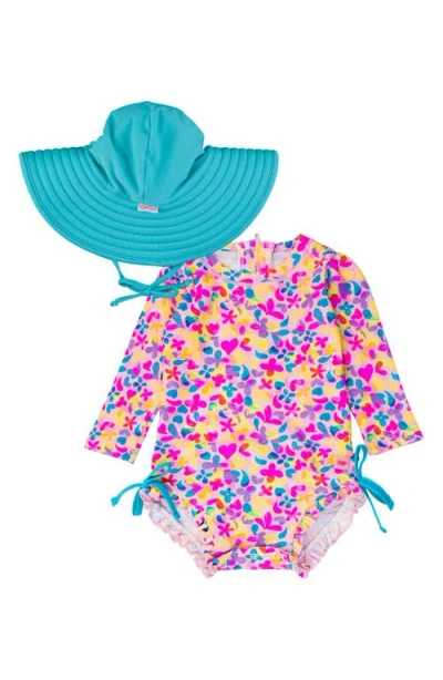 Rufflebutts Babies'  Vibrant Neon One-piece Rashguard Swimsuit & Hat Set In Pink