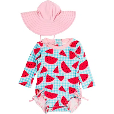 Rufflebutts Babies'  Watermelon Gingham One-piece Rashguard Swimsuit & Hat Set In Blue