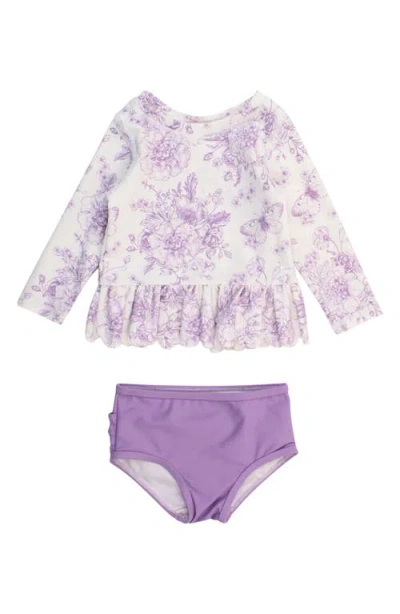 Rufflebutts Babies'  Wisteria Butterfly Garden Long Sleeve Two-piece Rashguard Swimsuit In Purple