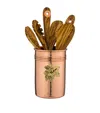 Ruffoni Set Of 6 Olive Wood Utensils And Copper Utensil Holder