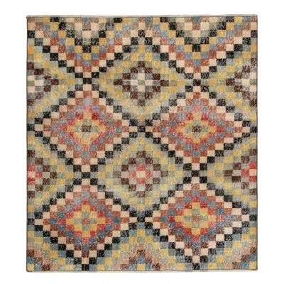 Rug & Kilim 1960s Distressed Vintage Square Rug In Stone Blue, Beige-brown Geometric Pattern In Blue,beige,brown