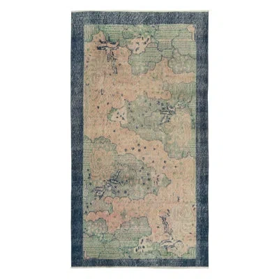 Rug & Kilim 1960s Hand-knotted Vintage Distressed Deco Rug In Blue, Cream Floral Pattern In Blue;beige;green