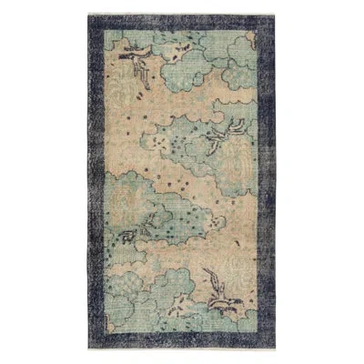 Rug & Kilim 1960s Hand-knotted Vintage Distressed Deco Rug In Blue, Cream Floral Pattern In Blue;black;beige