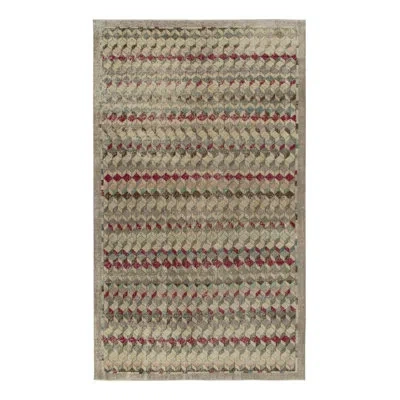 Rug & Kilim 1960s Vintage Deco Rug In Greige, Green And Red Geometric Pattern, Distressed In Red,green