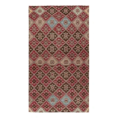 Rug & Kilim 1960s Vintage Deco Rug In Red, Beige-brown Floral Trellis Pattern, Distressed