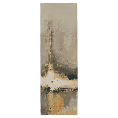 Pre-owned Rug & Kilim 's Abstract Runner Rug In Beige And Gold With Geometric Patterns In Brown