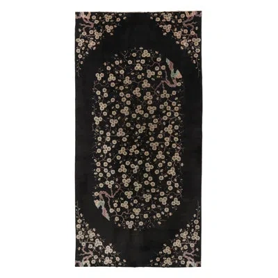 Rug & Kilim Antique Chinese Art Deco Rug, Midnight Blue With Floral Patterns -  In Black,beige,brown,pink