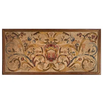 Rug & Kilim Antique English Crewelwork Framed Runner Panel With Floral Motifs -  In Brown