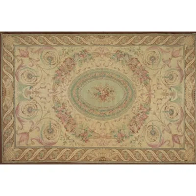 Rug & Kilim Antique French Aubusson Petit-point Rug With Oval Floral Medallion -  In Brown