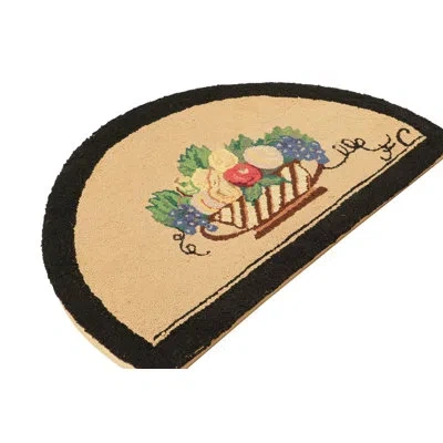 Rug & Kilim Antique Hooked Demi Lune Rug In Beige With Fruit Bowl Pictorials -  In Black;brown;red;beige;purple;white;green