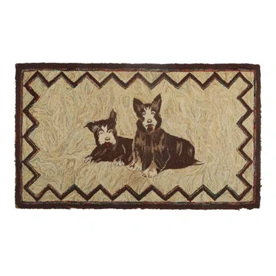 Rug & Kilim Antique Hooked Rug In Beige-brown With Dog Pictorials -  In Brown;beige
