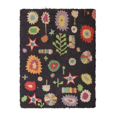 Rug & Kilim Antique Hooked Rug In Black With Polychromatic All Over Patterns | In Black;red;yellow;pink;white