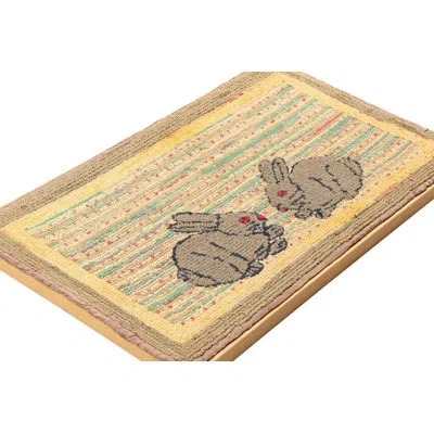 Rug & Kilim Antique Hooked Rug In Colorful Twin Rabbit Pictorial -  In Blue;black;brown;red;beige;white;silver;