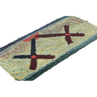 Rug & Kilim Antique Hooked With Geometric Patterns Over Green And Green Tones | In Blue;green