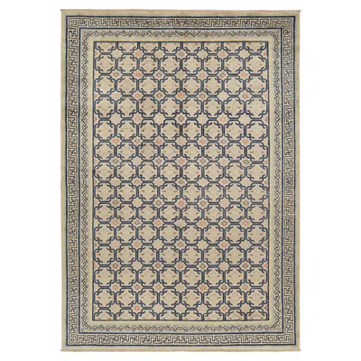 Pre-owned Rug & Kilim 's Art Deco Style Rug In Beige With Blue Geometric Patterns
