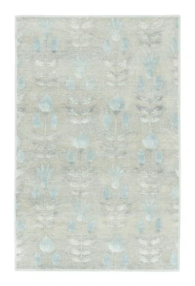 Pre-owned Rug & Kilim 's Block Print Rug With Beige-gray And Steel Blue Florals