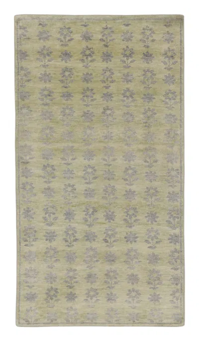 Pre-owned Rug & Kilim 's Block Print Rug With Gray, Chartreuse And Ochre Floral Patterns In Brown