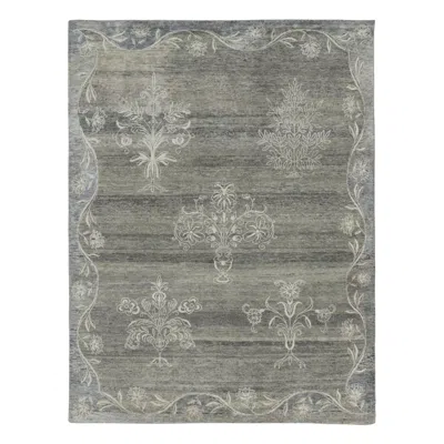Pre-owned Rug & Kilim 's Block Print Rug With Gray Floral Vases And Vine Border