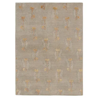 Pre-owned Rug & Kilim 's Block Print Rug With Ochre And Beige Wildflower Florals In Brown