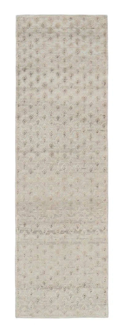 Pre-owned Rug & Kilim 's Block Print Runner Rug, Brown With Cream Floral Motifs In White