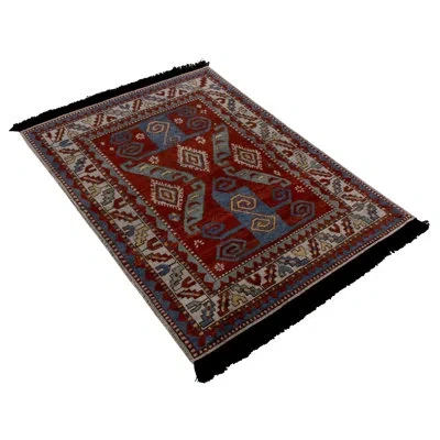 Rug & Kilim 's Burano Kazak Geometric Beige Red And Blue Wool Custom Rug In Blue;red;beige;green