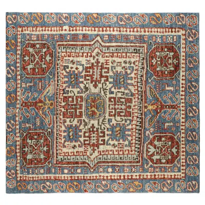 Pre-owned Rug & Kilim 's Caucasian Style Square Rug In Blue With Geometric Medallions