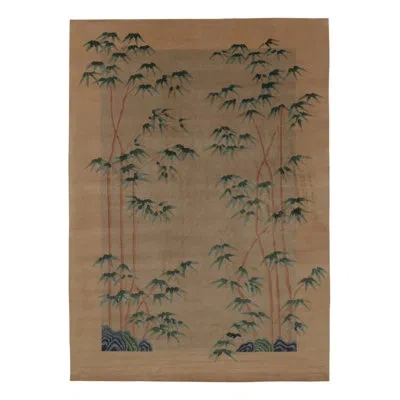 Rug & Kilim 's Chinese Art Deco Inspired Rug, Beige With Teal Bamboo Tree Florals In Beige,brown,blue