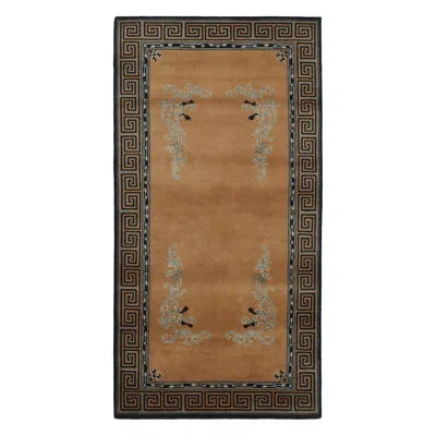 Rug & Kilim 's Chinese Art Deco Inspired Runner Rug, Brown With Greek Key Border In Beige,brown,gold,blue
