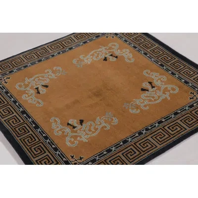 Rug & Kilim 's Chinese Art Deco Inspired Square Rug, Brown With Greek Key Border In Beige,brown,gold,blue