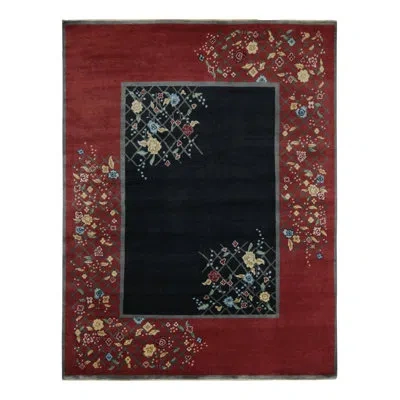 Rug & Kilim 's Chinese Art Deco Rug In Red & Black With Colorful Florals In Blue;black;red;gold