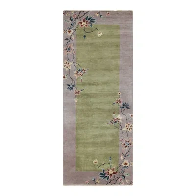 Rug & Kilim 's Chinese Art Deco Runner Rug In Green With Colorful Floral Patterns In Blue;black;pink;purple;silver;gray;green