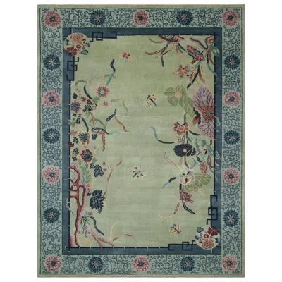 Pre-owned Rug & Kilim 's Chinese Art Deco Style Rug, Blue And Green With Floral Patterns