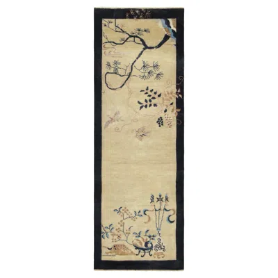 Pre-owned Rug & Kilim 's Chinese Art Deco Style Rug, Florals In Cream Field And Blue Border In White