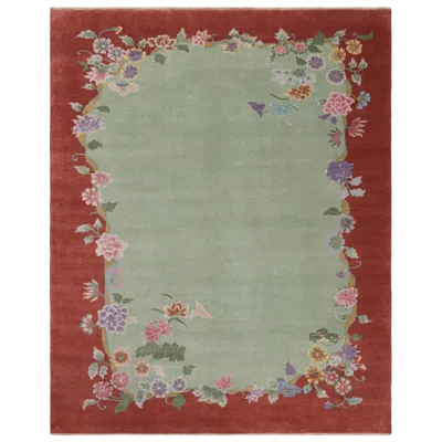 Pre-owned Rug & Kilim 's Chinese Art Deco Style Rug In Green And Red With Floral Patterns