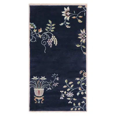 Pre-owned Rug & Kilim 's Chinese Art Deco Style Rug, Navy Blue With Bright Floral Patterns