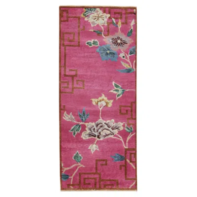 Pre-owned Rug & Kilim 's Chinese Art Deco Style Runner Rug In Pink With Floral Patterns