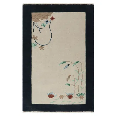 Pre-owned Rug & Kilim 's Chinese Deco Rug In White With Floral Patterns And Navy Border