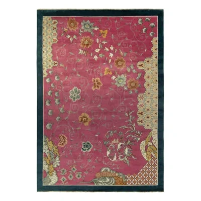 Rug & Kilim 's Chinese Deco Style Rug In Pink With Blue Border, Gold Florals In Blue;brown;beige;pink;gold