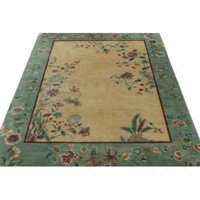Rug & Kilim 's Chinese Style Art Deco Rug In Gold & Green With Multicolor Florals In Red;pink;gold;green