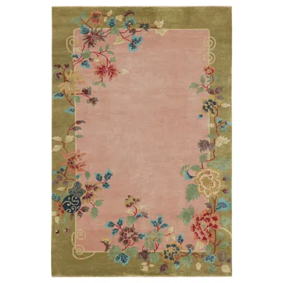 Pre-owned Rug & Kilim 's Chinese Style Art Deco Rug In Pink & Green With Colorful Florals