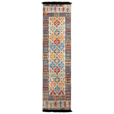Pre-owned Rug & Kilim 's Classic Turkish Style Runner In Gold And Blue Geometric Pattern