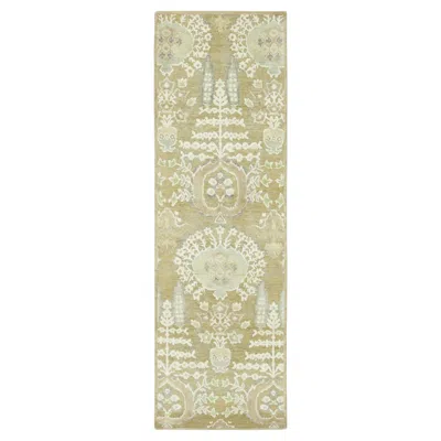 Pre-owned Rug & Kilim Contemporary Block Print Floral Natural Silk Runner By , India In Beige