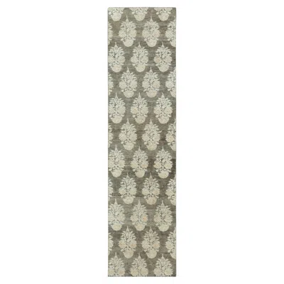 Pre-owned Rug & Kilim Contemporary Block Print Floral Natural Silk Runner By , India In Gray