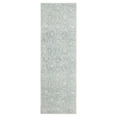 Pre-owned Rug & Kilim Contemporary Block Print Floral Natural Silk Runner By , India In Gray